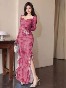 Modelyn Women Mesh Print Ruffle Hem Split Hem Elegant Sexy Dress Fall Cloth For Women - Hot Pink - View 5