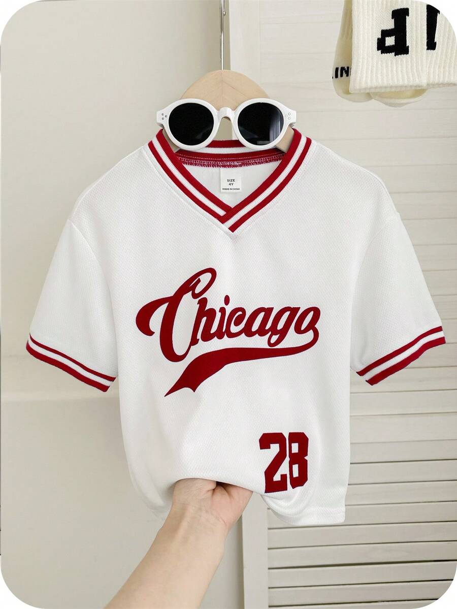 SHEIN Young Boy Loose Fit V-Neck Letter Printed T-Shirt, Suitable For Daily Wear, School, Travel, Sports, Spring/Summer Baseball Shirt Boy Kids Baseball Jersey