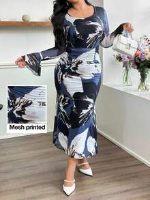 Modelyn Elegant Mesh Printed Round Neck Long Sleeve Fitted Plus Size Dress, Suitable For Spring And Autumn Fall Cloth For Women - Multicolor - View 1