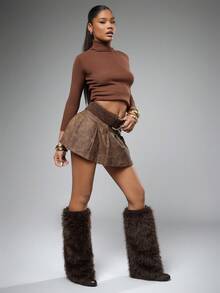 SHUZIA Women Fashion Furry Wadge Heel Winter Warm Comfortable Knee-High Boots For Christmas - Chocolate Brown - View 5