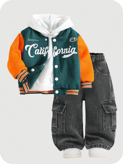 SHEIN Chaqueta de béisbol naranja/verde con forro térmico, casual y deportiva, versátil para bebé niño. Chaqueta gruesa para otoño/invierno, ropa de invierno para bebé niño, ropa unisex para bebé, chaqueta con cremallera, chaqueta para niños, disfraz de Halloween, disfraz de Halloween para bebé