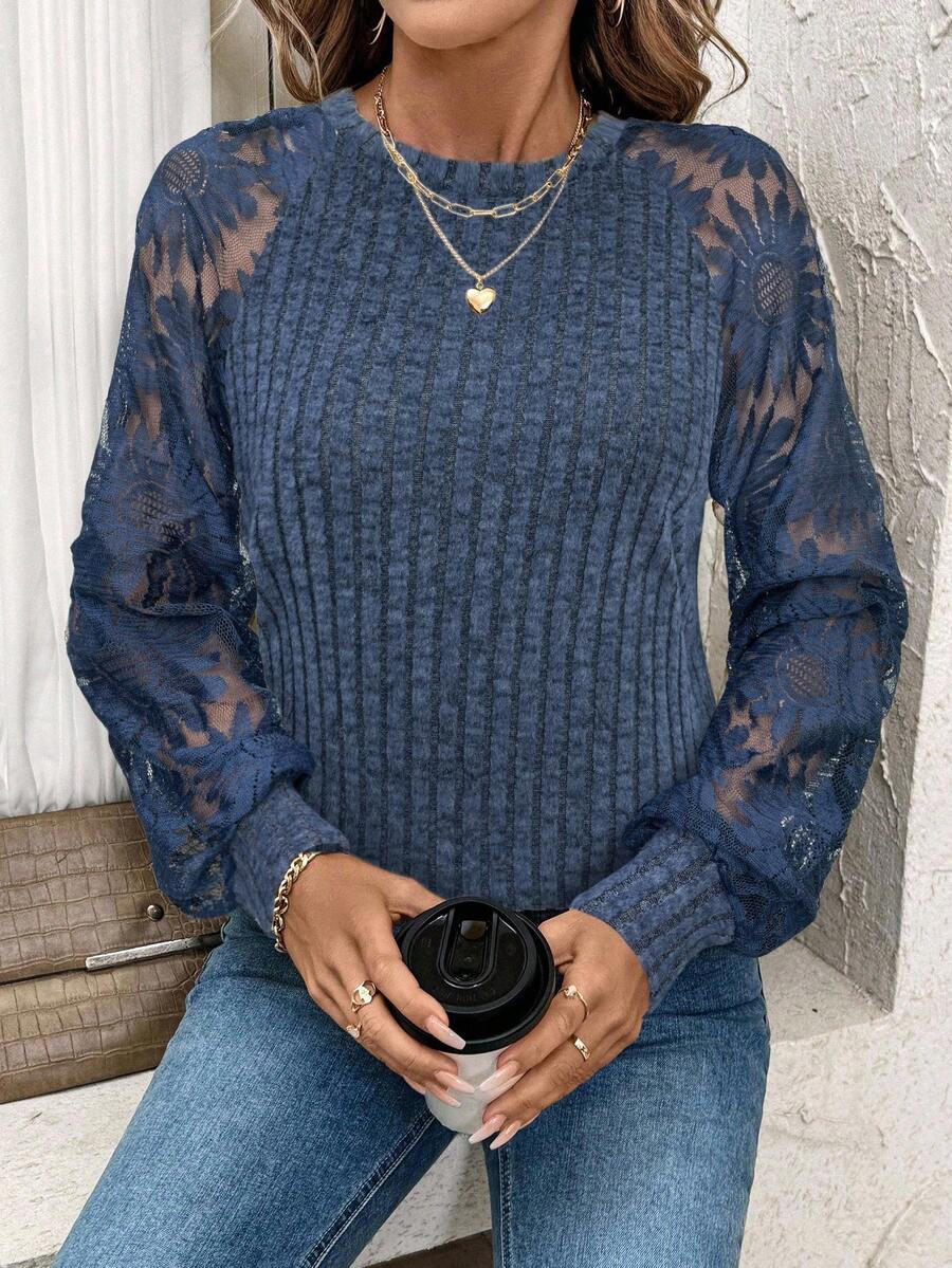 SHEIN Clasi Women's Fuzzy Patchwork Sunflower Lace Blouse,Fall - Blue - View 1