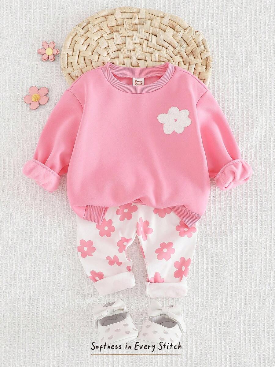 Cozy Pixies 2 pezzi Set di felpa girocollo a maniche lunghe e pantaloni con stampa floreale morbida per bambina