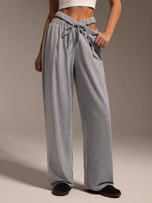 Hanevo Autumn/Winter New Casual Sports Loose Street Style Criss-Cross Hollow Waistband Straight Leg Relaxed Fit Women Long Sweatpants Fall Cloth For Women - Grey - View 3