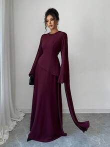 Elenzga 女士优雅中东风格复古法式别致连衣裙，采用分层设计，可调节腰部，喇叭袖和肩部垂坠，适合派对，秋冬季 - 紫紅色 - 查看 3