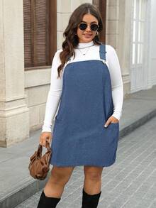 SHEIN LUNE 大码女式黑色灯芯绒连衣裙，带口袋和可调节肩带，女士连衣裙，Barnfit 感恩节服装，女士新年服装，冬季连衣裙，冬季服装，女士狂欢服装，毛衣裙 - 霧霾藍 - 查看 5