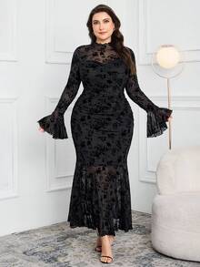 Modelyn Váy dài tay họa tiết hoa lưới ôm sát thanh lịch đuôi cá cỡ lớn cho nữ - màu đen - Xem 6