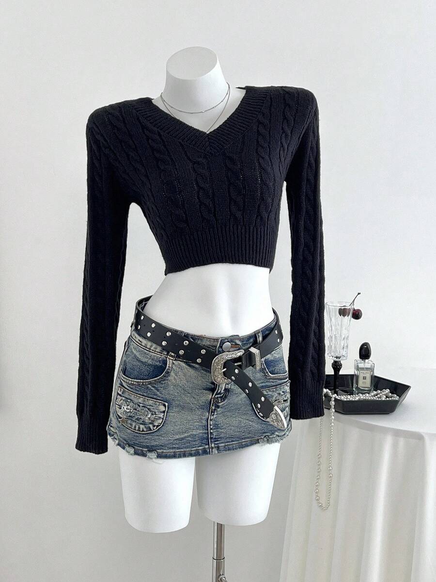 SHEIN Unity Women Casual Solid Color V-Neck Fitted Cropped Cable Knit Pullover Sweater Knit Pullover Fall Winter - Black - View 1