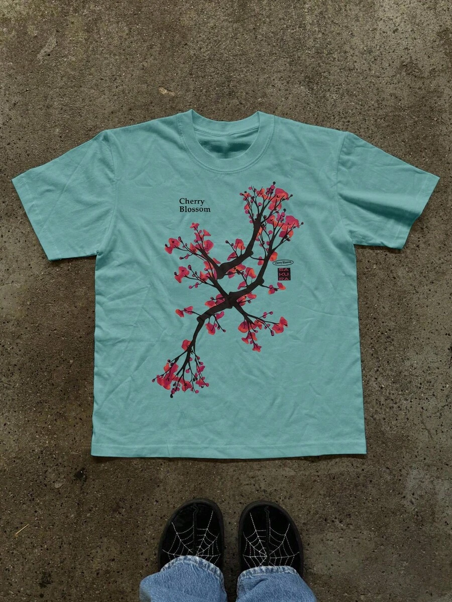 Glimmora Women's Casual Cherry Blossom Print Short Sleeve Round Neck T-Shirt, Summer