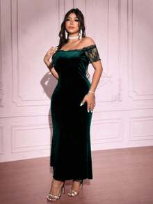 Viva Relle 大码女式优雅蕾丝拼接鱼尾下摆短袖派对连衣裙，适合情人节圣诞派对 - 綠色 - 查看 5