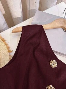 Franclia 时尚优雅的 S 形性感不对称领口金属扣装饰黑色女式衬衫，春夏 - 紅木色 - 查看 4