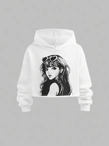 SHEIN Bộ quần áo hoodie và áo nỉ thoải mái, rộng rãi cho bé gái tuổi mới lớn - trắng - Xem 8
