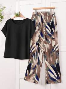 EMERY ROSE Plus Size Women Solid Color Batwing Sleeve Shirt And All-Over Print Wide Leg Pants Casual 2 Pieces Set - Black - View 1