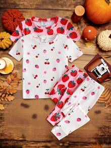 SHEIN 4 件套少女草莓图案针织柔软圆领短袖上衣和松紧腰紧身裤睡衣套装 - 彩色 - 查看 3