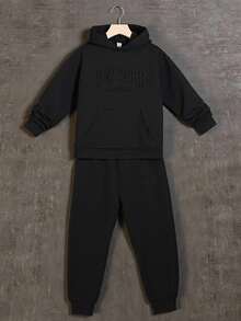 SHEIN Teen Boys Casual Embossed Hoodie & Sweatpants Set Hoodie And Sweatpants Black Basic Set Fall Winter - Black - View 5
