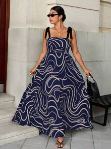 Easura Große Größen Midi-Kleid für Damen mit neuen schwarz-weißen Streifen und Schleife in Taillenhöhe, geeignet für Urlaub und Business-Casual