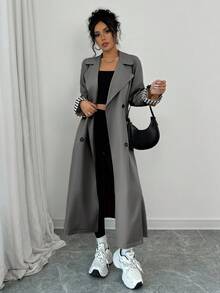 Rafferiza 宽松翻领双排扣长袖格子拼接女式风衣 - 灰色 - 查看 3