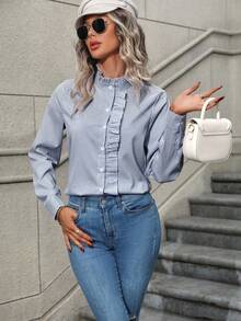 EMERY ROSE Women's Ruffle Collar Long Sleeve Striped Single-Breasted Elegant Shirt