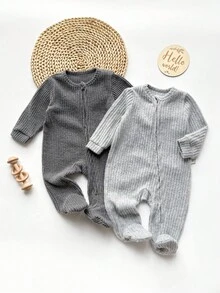 2 件套新生女婴可爱纯色针织长袖连体睡衣套装，连脚