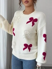 Elenzga Áo len chui đầu dệt kim thiết kế nơ jacquard ngọc trai thanh lịch dễ thương dành cho nữ mới - Màu be - Xem 4