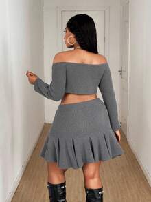 Maweii 2pcs/Set Sexy Hollow Out Lace-Up Long Sleeve Crop Top For Plus Size