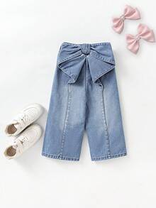 Genkimix Kids 女婴可爱户外设计超大蝴蝶结奢华厚重甜美高端休闲百搭舒适棉质浅色水洗蓝色泼墨牛仔宽松腰部牛仔裤