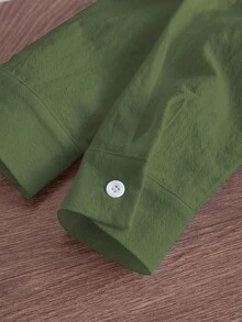 SHEIN 1 件男童休闲校园运动军绿色长袖衬衫，适合春、夏、秋、冬 - 軍綠色 - 查看 6
