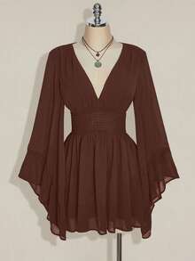 SHEIN ICON Váy chữ A cổ chữ V, eo nhún cỡ lớn, tay loe, phong cách Boho, Hippie, Y2K, phù hợp cho mùa hè, phong cách du mục, kỳ nghỉ hè, lễ hội âm nhạc, lễ tốt nghiệp và mùa tựu trường - màu nâu - Xem 3