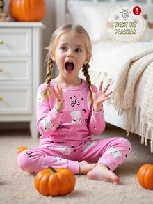 Baby Girls Halloween Ghost Bow Print Long Sleeve Top And Pants 2 Pieces Snug Fit Pajama Set Family Matching White And Pink Autumn Cute Fairy - Pink - View 3
