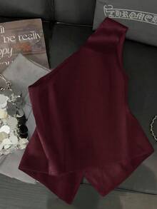 Franclia 时尚优雅的 S 形性感不对称领口金属扣装饰黑色女式衬衫，春夏 - 紅木色 - 查看 2