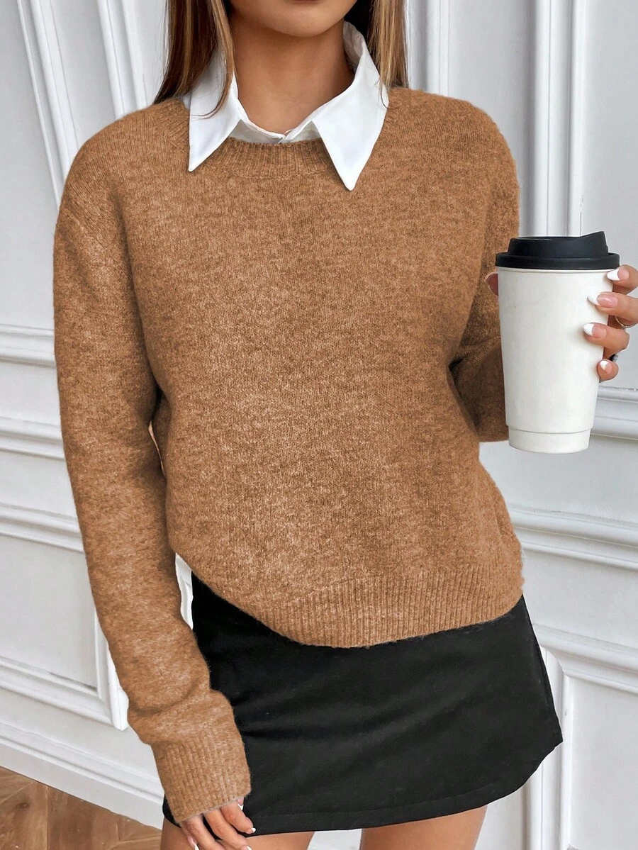 EMERY ROSE Casual Style Solid Color Crew Neck Knit Long Sleeve Sweater Fall Winter Cloth For Women - Rust Brown - View 1