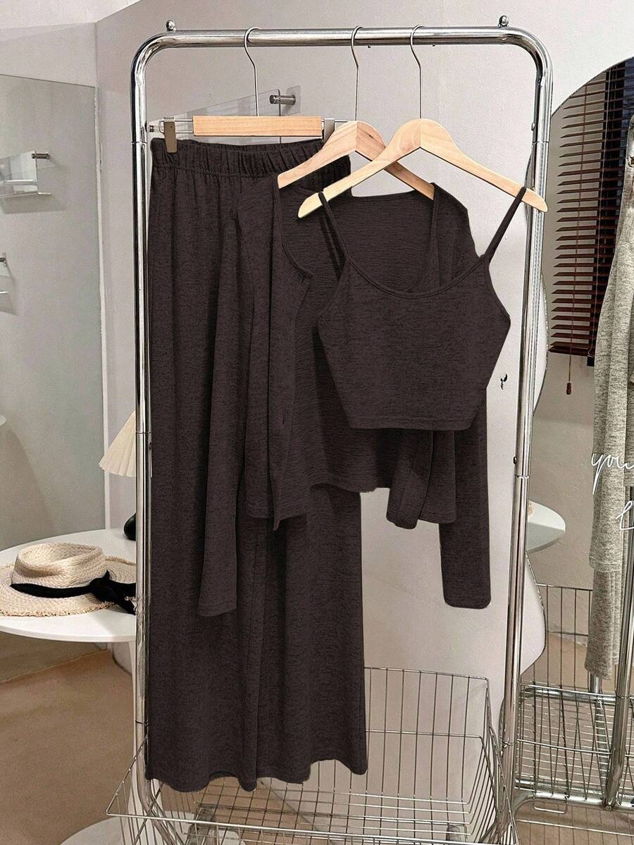Franclia 3 PiecesCasual Everyday Matching Camisole, Cardigan, And Elastic Waist Straight Pants Knit Set, Apricot Color, Autumn/Winter Fall Cloth For Women - Mocha Brown - View 1