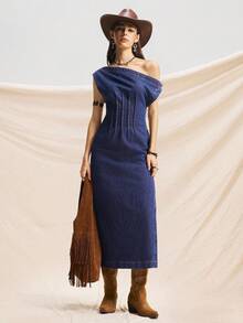 Easelle 休闲时尚不对称领口收腰女式牛仔连衣裙 - 深色水洗藍 - 查看 7