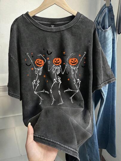 Comfortcana Plus Size Women's Dark Grey Knit T-Shirt,Halloween Pumpkin Skull Pattern,Short Sleeve,Casual,Summer,Vintage Los Angeles California Style Party Top