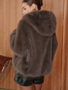 SHEIN Unity Women's Solid Color Short Hooded Faux Fur Jacket, Fashionable Winter - Coffee Brown - View 6