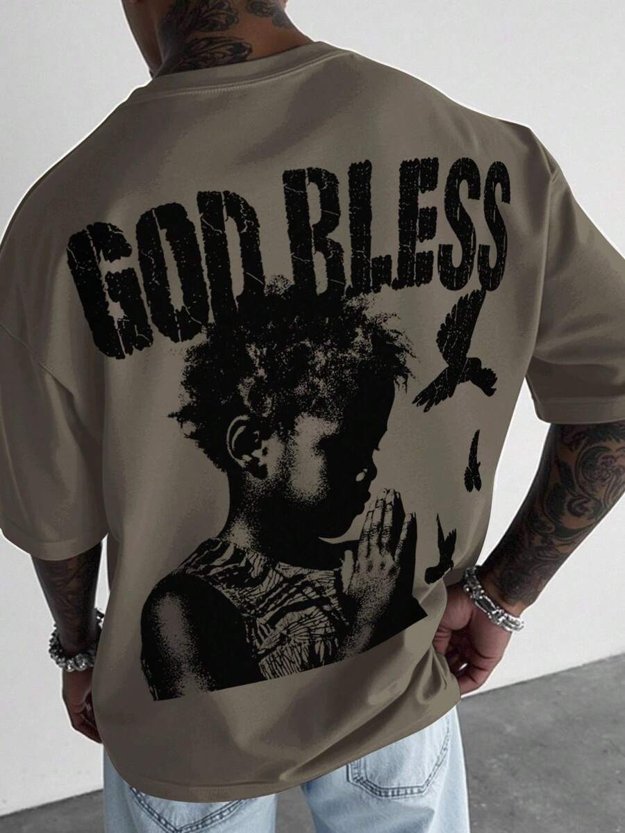 Manfinity EMRG 男士休闲标语和图案印花圆领短袖 T 恤，夏季 - 棕色 - 查看 1