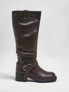Solezae Women Low Heel Western Rider Basic Everyday Comfort Pu Brown Heeled Boots - Brown - View 6