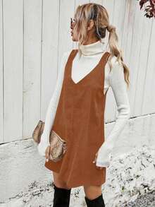 EMERY ROSE 女士休闲棕色灯芯绒连衣裙，秋季