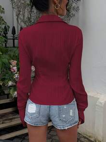 Sunnyshic White Striped Button-Front Ruffle Cuff Long Sleeve Fitted Shirt, Minimalist Style For Commuting, Casual, Elegant Daily Wear, Women Spring/Summer - Burgundy - View 2