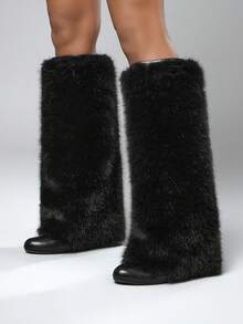 SHUZIA Women Fashion Furry Wadge Heel Winter Warm Comfortable Knee-High Boots For Christmas - Black - View 3