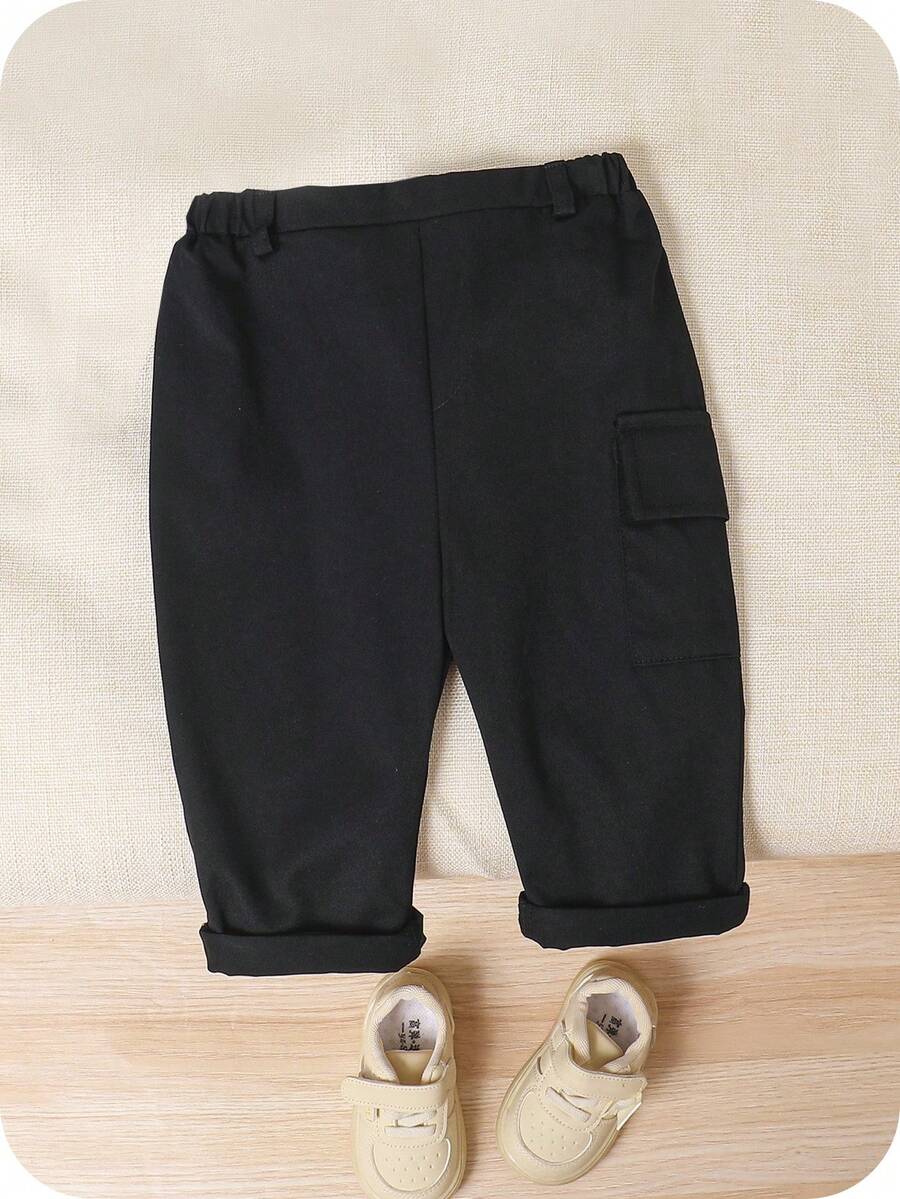 SHEIN Baby Boy Casual Solid Color Pants With Pockets And Elastic Waistband, Suitable For Spring And Summer - Black - View 1