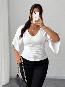 Elenzga Plus Size Women Waist Cinched Casual French Style Versatile T-Shirt - White - View 9