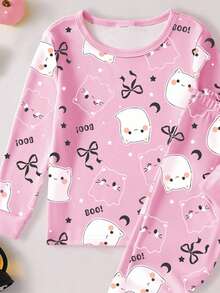 Baby Girls Halloween Ghost Bow Print Long Sleeve Top And Pants 2 Pieces Snug Fit Pajama Set Family Matching White And Pink Autumn Cute Fairy - Pink - View 4