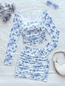 Teen Girls' Vacation Blue Floral Tie-Dye Print Square Neck Ruched Asymmetric Hem Long Sleeve Top And Mini Ruched Bodycon Skirt Set - Blue and White - View 1