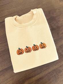 INAWLY 大码女式南瓜刺绣圆领宽松休闲短袖T恤 - 杏色 - 查看 1