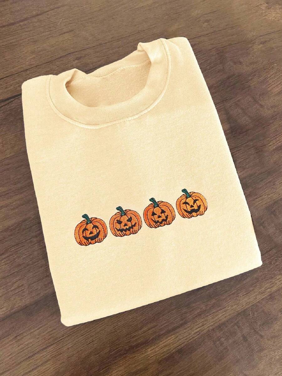 INAWLY 大码女式南瓜刺绣圆领宽松休闲短袖T恤 - 杏色 - 查看 1