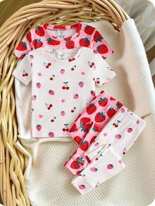 SHEIN 4 件套少女草莓图案针织柔软圆领短袖上衣和松紧腰紧身裤睡衣套装 - 彩色 - 查看 10