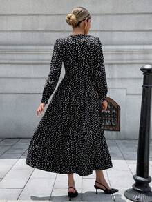 Chiquease 女式V领纽扣设计全印花长袖优雅连衣裙 - 黑與白 - 查看 2