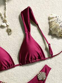 SHEIN Swim 2 件套夏季假期闪亮纯色粗肩带金色扇贝装饰三角杯文胸和高叉比基尼泳裤性感泳衣套装 - 酒紅色 - 查看 3