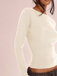 MUSERA Knitted Crew Neck Long Sleeve Top Casual Vacation Airport Holiday Fall Back To School Autumn Winter Elegant Spring Summer - Cream - View 5